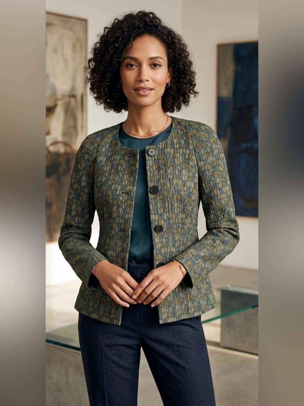 Lafayette 148 Textured Olive Green Button-Front Women's Blazer